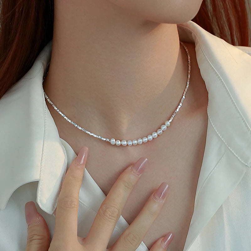 Irregular Small 925 Sterling Silver Freshwater 5-6Mm White Pearl Necklace Fine Trendy Jewelry Gift for Women Girls