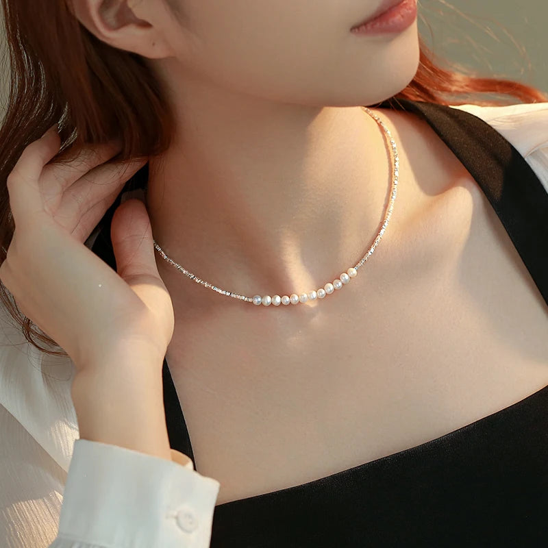 Irregular Small 925 Sterling Silver Freshwater 5-6Mm White Pearl Necklace Fine Trendy Jewelry Gift for Women Girls